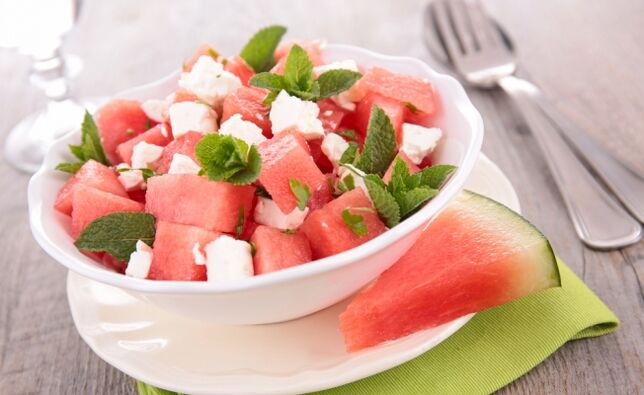 Watermelon salad with cheese and mint in the watermelon weekly diet diet